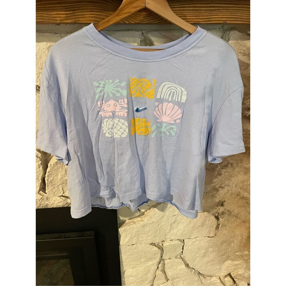 Nike Womens Blue Seashells Print Loose Fit Short‎ Sleeve Cropped Top Size XL